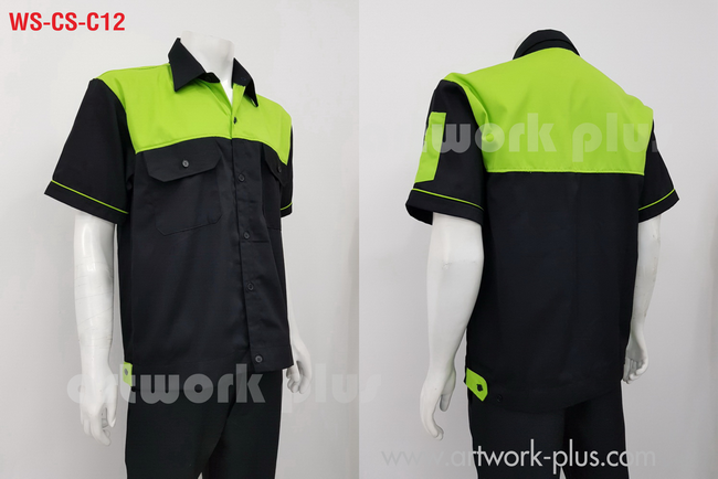 ขายเสื้อช็อปช่าง, เสื้อเชิ้ตพนักงาน ,เสื้อช็อปสำเร็จรูป, เสื้อสีดำแต่งเขียว, WS-CS-C12
